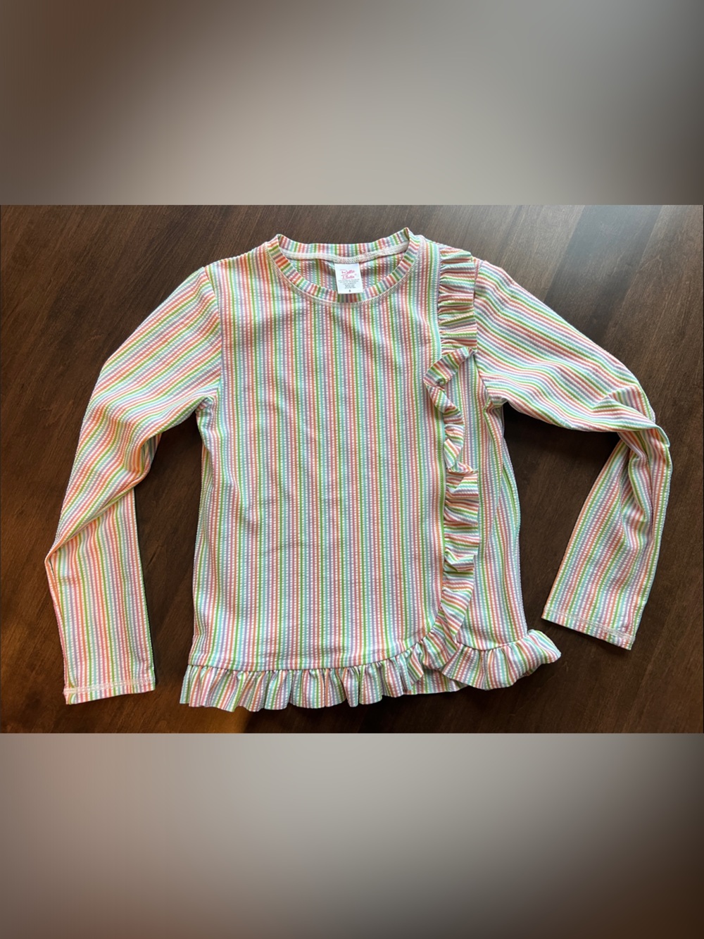 Ruffle Butts Girls' Long-Sleeve Ruffle Hem Striped Top - Pastel Rainbow, 8